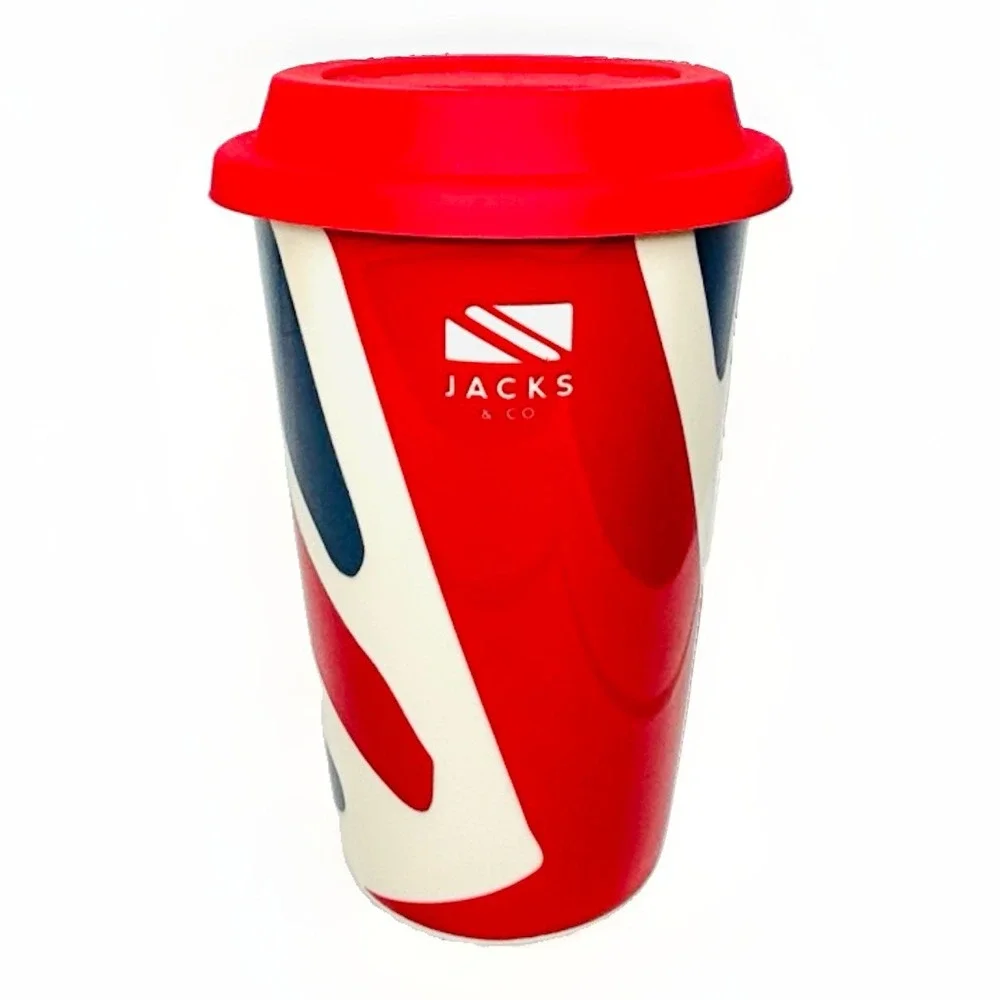 Jacks & Co Union Jack Ceramic Travel Mug Red Lid 2016 Temple Island Dishwasher